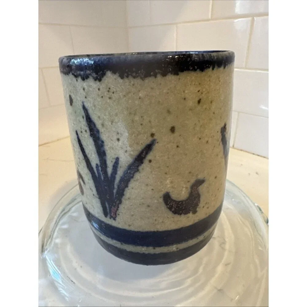 Studio Art Pottery Vase Planter Blue Ban Brown speckles Signed